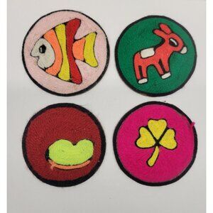 4- Handmade Mexican Folk Art Yarn Coasters, 4" Vintage Round Coasters